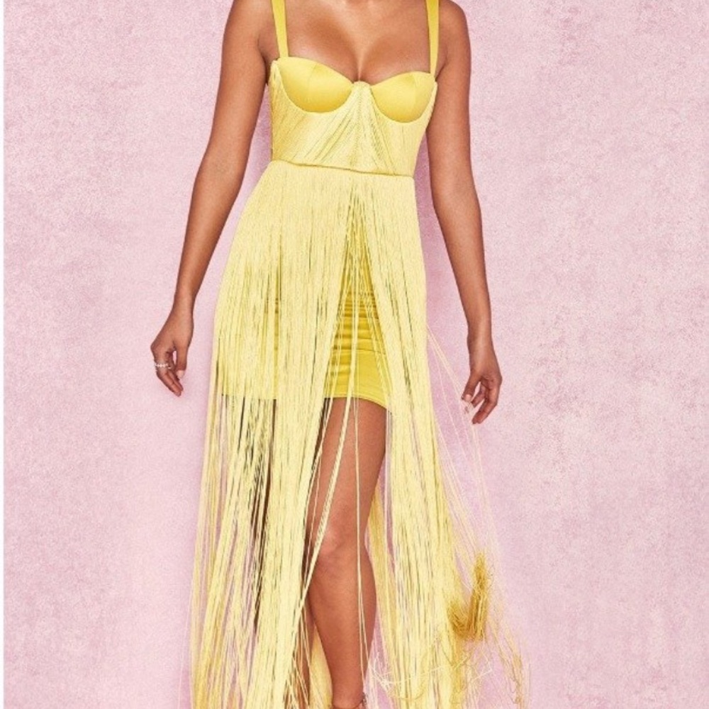 HOUSE OF CB YELLOW FRINGE DRESS